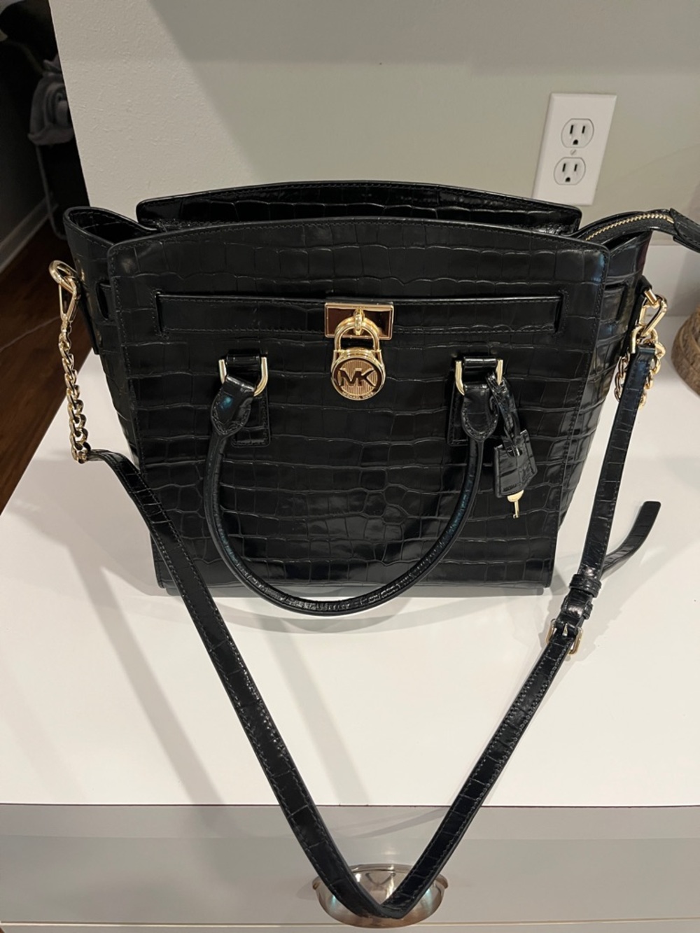 Michael Kors Black Croc-Embossed Leather Tote with Gold Hardware Accent